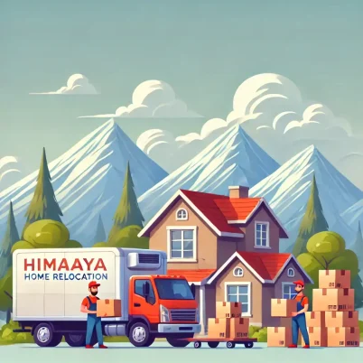 DALL·E 2025-01-05 07.25.38 - A professional illustration for a moving company called 'Himalaya Home Relocation.' The image shows a moving truck near a cozy home in a scenic Himala (1)